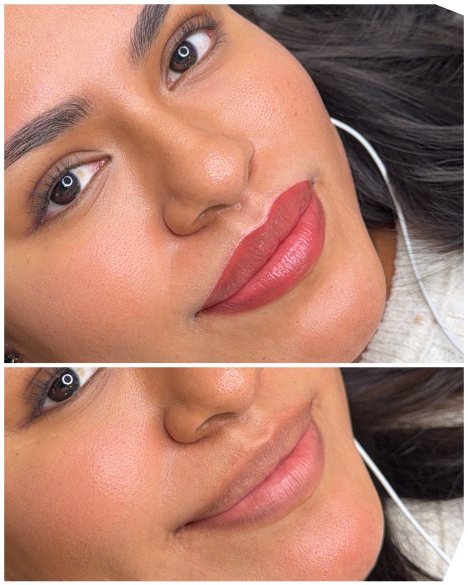 Before-and-after comparison showing bright, freshly applied lip blushing by PMU by the Sea