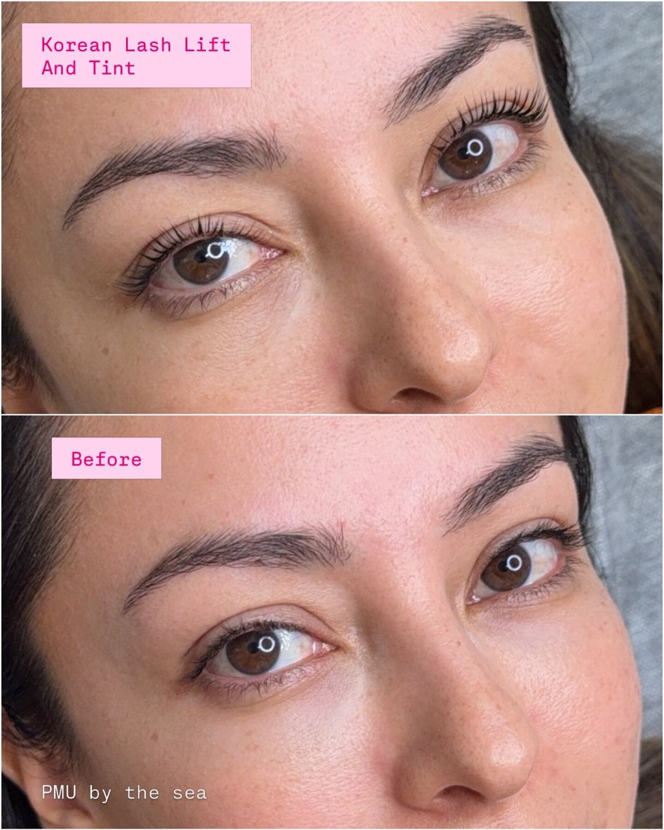 Korean lash lift and tint before-and-after comparison at PMU by the Sea in Oceanside