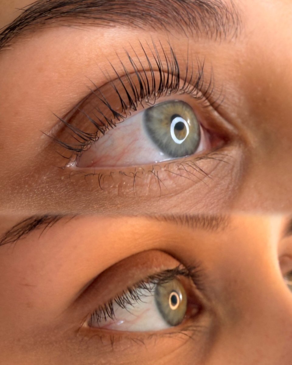 Close-up Korean lash lift comparison at PMU by the Sea in Oceanside, showing lifted lashes above and natural lashes below