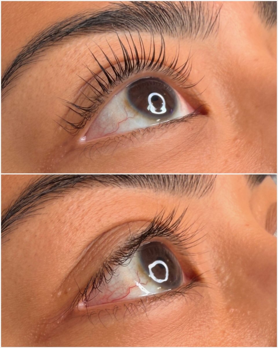 Close-up lash comparison showing a lifted root-to-tip curve above and natural lashes below in Oceanside