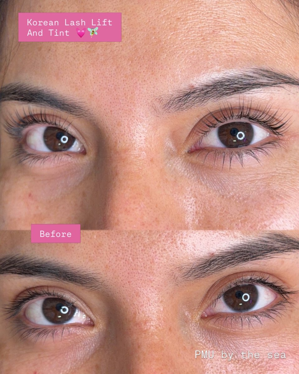 Korean lash lift and tint result above the before view, showing both eyes at PMU by the Sea